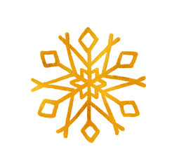 A snowflake painted by hand with gold metallic paint. A decorative snowflake made of gold foil.