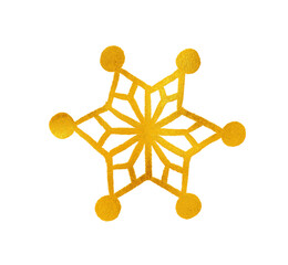 A snowflake painted by hand with gold metallic paint. A decorative snowflake made of gold foil.