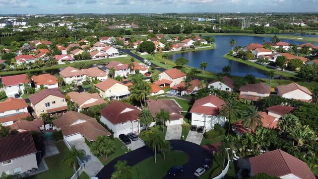 Aerial view of residential neighborhood with lake in Doral, Florida