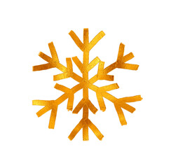 A snowflake painted by hand with gold metallic paint. A decorative snowflake made of gold foil.