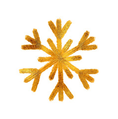A snowflake painted by hand with gold metallic paint. A decorative snowflake made of gold foil.