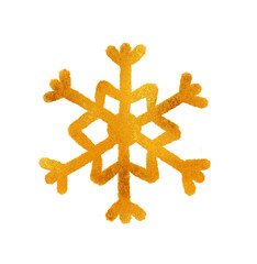 A snowflake painted by hand with gold metallic paint. A decorative snowflake made of gold foil.