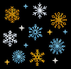 Set snowflake painted by hand with gold , blue and silver metallic paint. A decorative snowflake made of metallic foil...