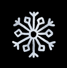 A snowflake painted by hand with silver metallic paint. A decorative snowflake made of silver foil..