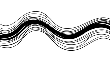 Dynamic black ink brush strokes create an elegant, flowing abstract wave pattern on white