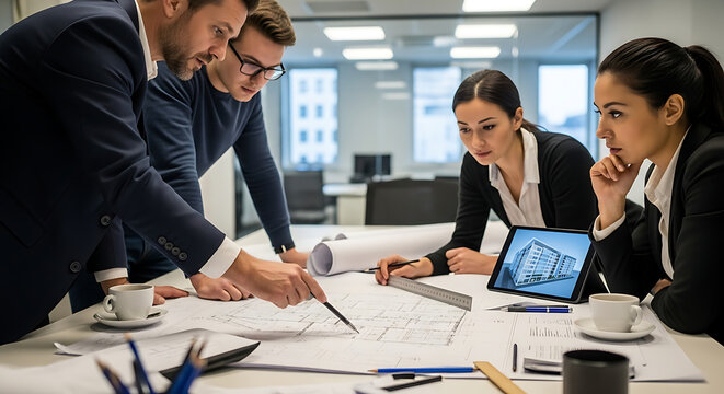 An engaged team of architects collaboratively examines architectural blueprints around a large table, their faces illuminated by focused concentration. The office setting is modern.