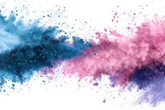 Abstract powder explosion in shades of blue and pink on a white background.