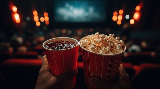 Selective focus shot of unrecognizable Black man holding plastic cup with cola drink at cinema