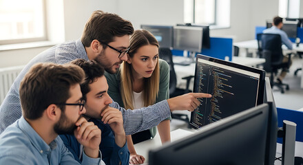 A team of skilled developers and programmers collaborates, intently focused on the illuminated screens, working in a modern office environment.