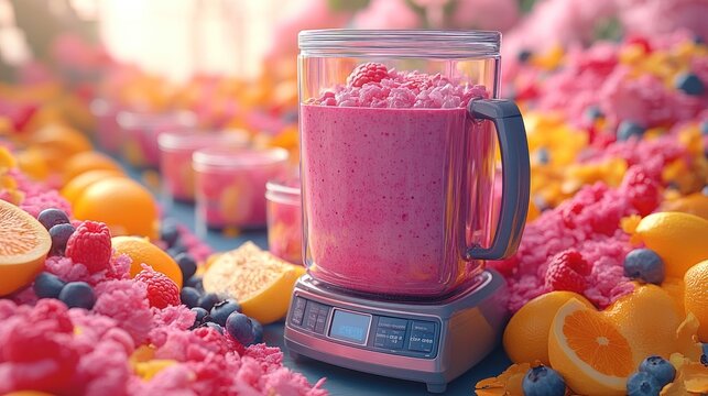 Vibrant Pink Smoothie in Modern Blender Surrounded by Fresh Berries and Citrus Fruits for a Healthy Summer Drink