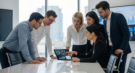 A team of professionals are deeply engrossed in a business strategy meeting, analyzing data and charts on a laptop in a modern office setting, discussing plans with concentration and collaboration.