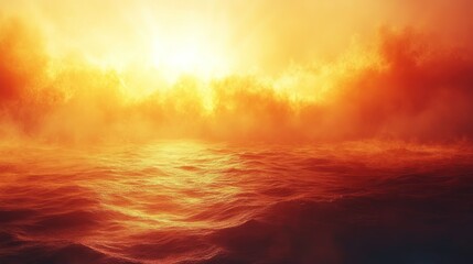 Obraz premium Intense Fiery Sunset Over Turbulent Ocean Waves, Dramatic Golden Seascape with Hazy Atmosphere and Glowing Horizon