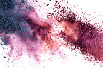 An explosion of vibrant purple, pink, and blue colored powder particles against a clean white background.