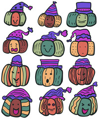 Halloween pumpkins with hats hand drawn doodle sketch color illustration 