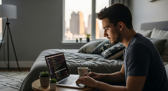 A focused individual sits in a well-lit bedroom workspace, engrossed in coding, with a laptop and a warm beverage, overlooking a distant cityscape.