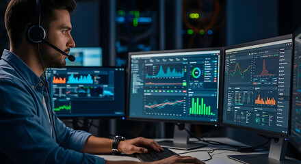 A dedicated technician expertly monitors complex data visualizations on multiple screens. with an immersive, high-tech environment, with focused concentration. 