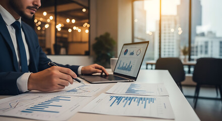 A focused business analyst meticulously reviews financial reports, diligently examining charts and data on a laptop in a modern office environment.