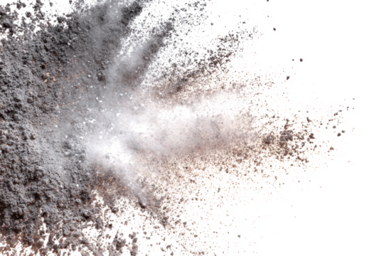 A cloud of gray dust and particles explodes outwards against a white background, creating a dynamic and energetic visual effect.