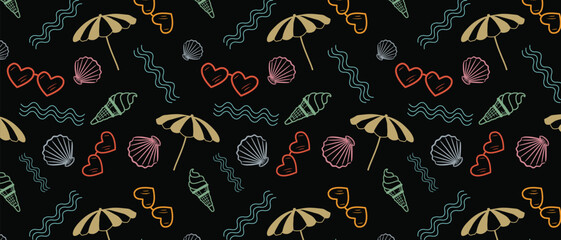 Naklejka premium Vector art of seamless pattern of beach elements including umbrellas, shells, and hearts on a, summer vacation theme