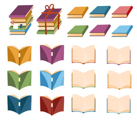 おしゃれで落ち着いた色合いの本のイラストセット/Illustration set of books in various poses, such as stacked and open books