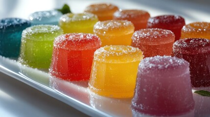 Vibrant Rows of Colorful Fruit Jellies with Sugar Coating on White Plate, Glistening in Bright Light