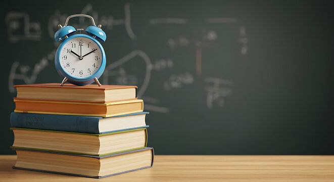 A classic alarm clock atop a stack of books, set against a chalkboard, evoking a sense of scholastic life and education, it symbolizes the essence of learning and the value of time.