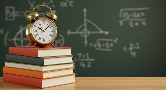 A vintage alarm clock sits atop a stack of colorful books against a chalkboard background, representing the timeless essence of learning.