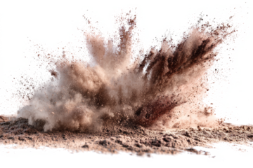 A powerful explosion of brown dirt and dust against a white background.