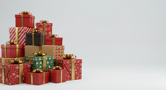 A festive collection of artfully wrapped presents piled high, ready for any occasion, with ribbons and bows add a touch of elegance.