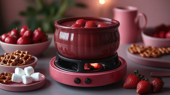 Warm Chocolate Fondue with Fresh Strawberries, Pretzels, and Marshmallows, Perfect for a Cozy Dessert Experience