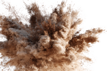 A large brown dust explosion against a white background.