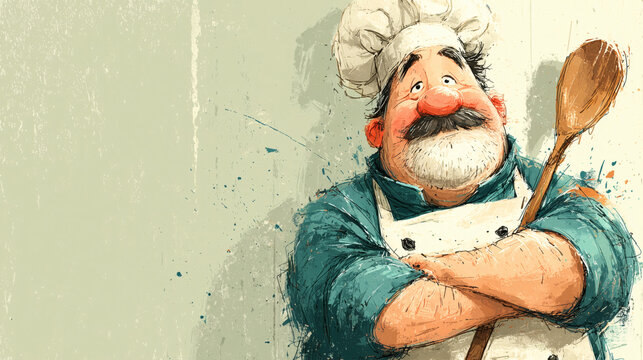 Friendly cartoon chef with wooden spoon on textured background with large copy space, playful restaurant character