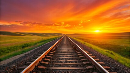 Railway tracks leading into vibrant sunset over green fields and colorful sky 
