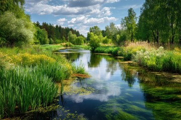 Serene River Scene - Lush Greenery, Reflective Water, and Cloudy Sky.
