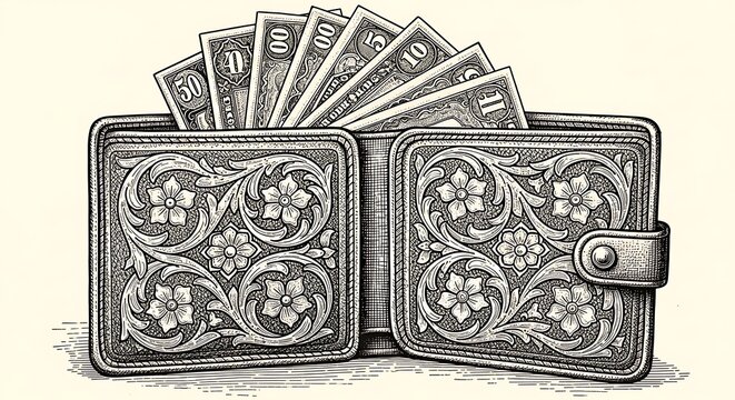 Ornate leather wallet, meticulously detailed, showcasing a classic design with floral motifs and cash, offers a rich vintage aesthetic.