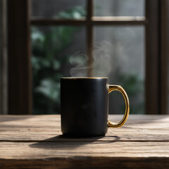 Premium Matte Black Coffee Mug with Golden Handle on Rustic Wooden Table