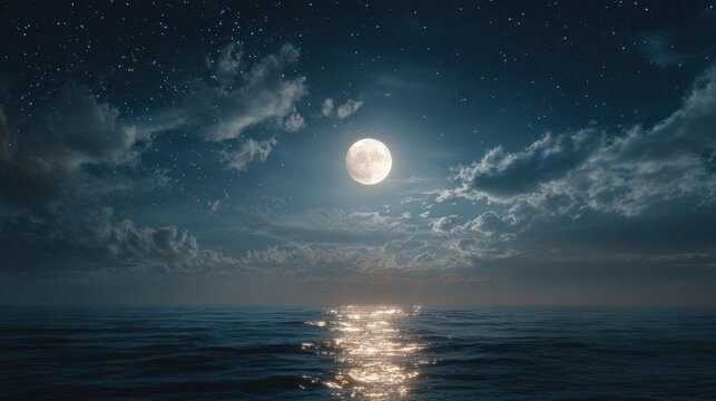 Luminous Full Moon Casting a Golden Reflection Across a Tranquil, Starry Sea.