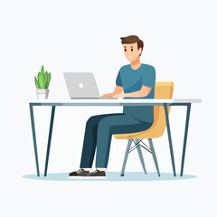 Young Man Working on Laptop at Desk, Modern Office Illustration