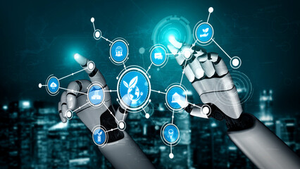 A modern robotic hand interacts with various environmental icons, representing a blend of technology and sustainability in an urban landscape, showcasing future innovations. Tessel