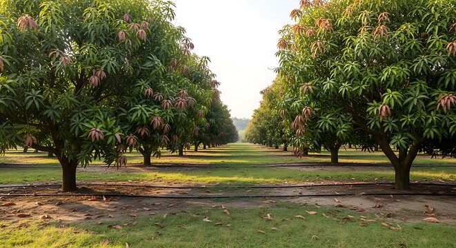 A wide, open view of a mango orchard, with rows of lush mango trees stretching into the distance. - Powered by Adobe
