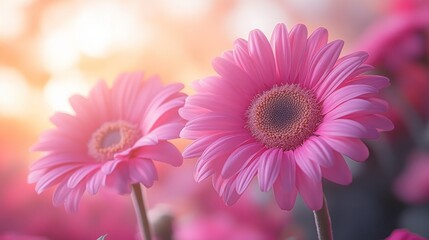 Fototapeta premium Two Vibrant Pink Gerbera Daisies in Soft Focus, Bathed in Warm Sunlit Glow, Macro Floral Beauty