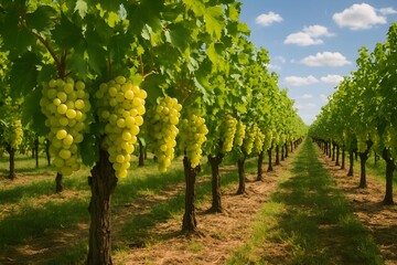 Naklejka premium Vineyard with ripe grape clusters on green vines