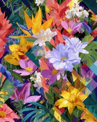 Colorful Abstract Floral Art - Exotic Blooms  Foliage with Geometric Fragments.