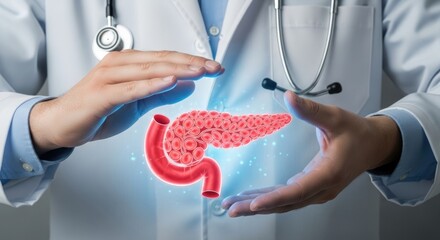Medical professional's hands carefully embrace a glowing human pancreas organ, symbolizing health, medical care, diagnosis, and pancreatic cancer awareness month