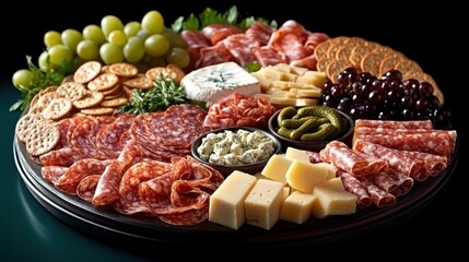 Elegant Charcuterie Board with Assorted Cured Meats, Fine Cheeses, Fresh Grapes, Crispy Crackers, and Savory Pickles for Gourmet Appetizers
