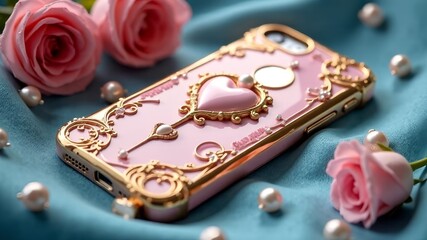 Decorative phone case adorned with pink roses and pearls on a blue fabric surface