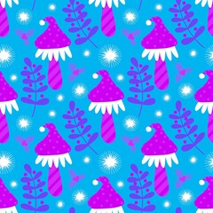Mushrooms seamless cute Santa hat pattern for Christmas wrapping paper and fabrics and linens and kids clothes print