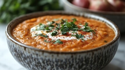 Close-up of a vibrant, creamy soup garnished with fresh herbs, a swirl of cream, and paprika, served in a rustic ceramic bowl.