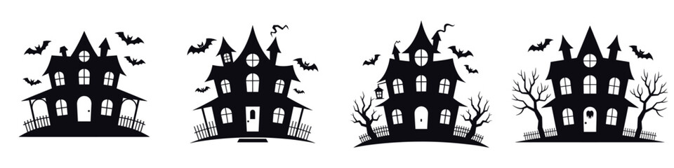 Haunted House Halloween Vector Set – Spooky Haunted Mansion Silhouettes with Bats and Creepy Trees for Horror Illustrations, Posters, Stickers, Party Invitations, and Scary Seasonal Designs