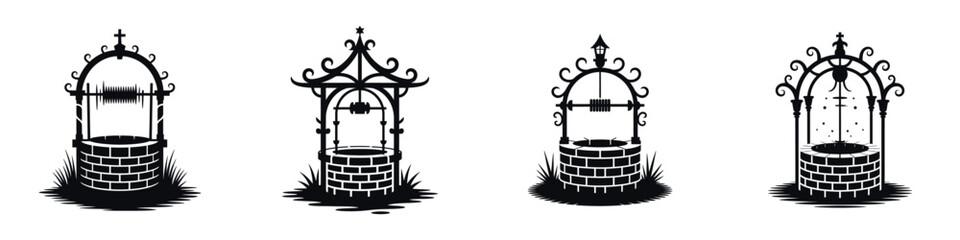 Spooky Wishing Well Halloween Vector Set – Haunted Gothic Well Silhouettes for Horror Illustrations, Creepy Haunted House Decor, Posters, Stickers, Party Invitations, and Scary Seasonal Designs